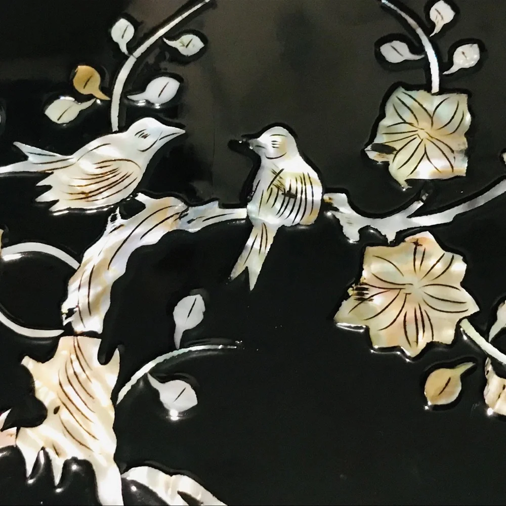 Vintage Asian Black Lacquer Inlay Mother of Pearl Bird Scene Jewelry Box